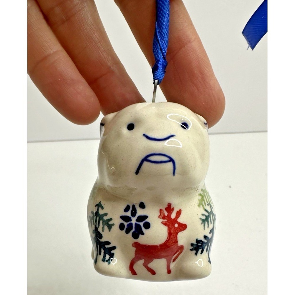Boleslawiec Polish Pottery BullDog Puppy Christmas Ornament Reindeer  Ceramic
